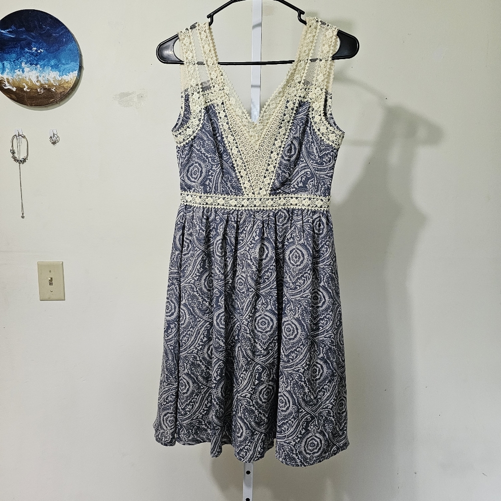 Anthropology Ryu A-Line Embroidered Mini Dress Size‎ Small New Blue Cream